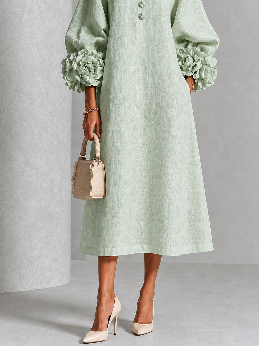 Vestido Midi Mística Salvia con Botones de Flores y Mangas de Flores Extravagantes