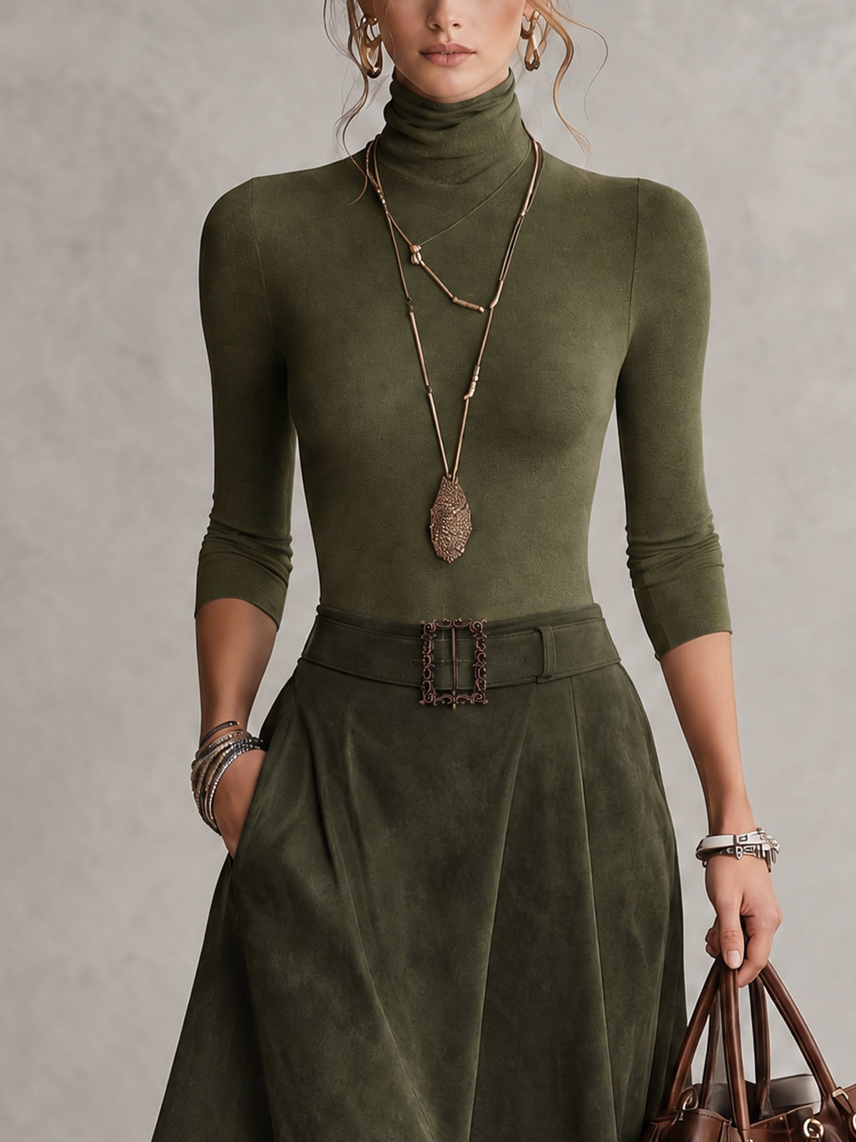 Lorena | Conjunto de Top de Cuello Alto de Punto Elástico Verde Oliva y Falda Asimétrica de Ante Sintético (con cinturón)