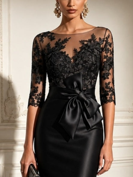 Lara | Vestido Midi de Satén con Mangas de Tul y Lazo de Encaje Negro