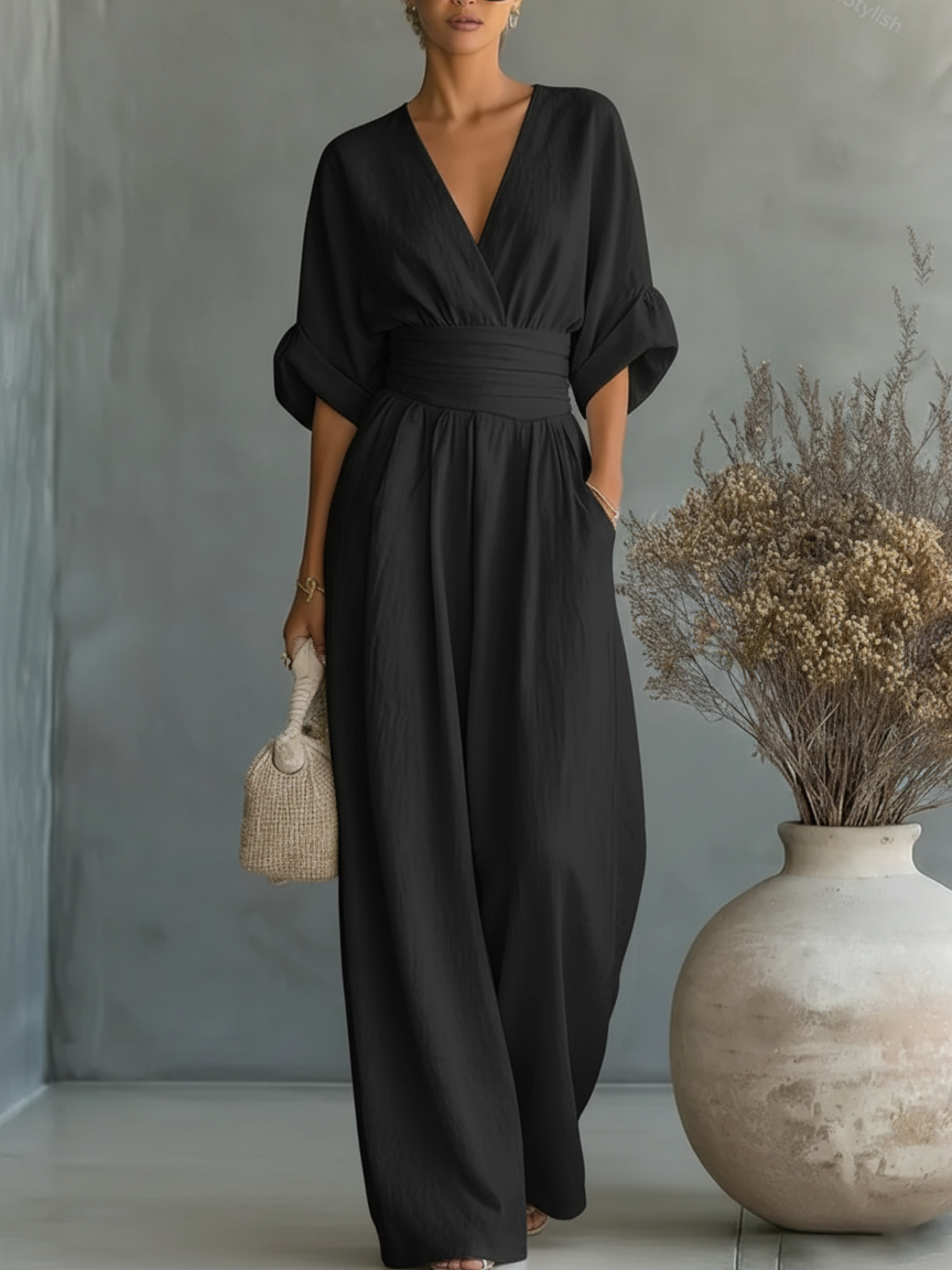 Jumpsuit Elegante de Cuello en V y Cintura Alta