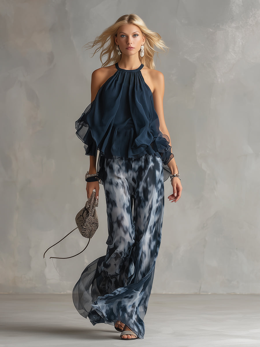 Ludovica – Conjunto elegante de chiffon con top de cuello alto y pantalones anchos impresos