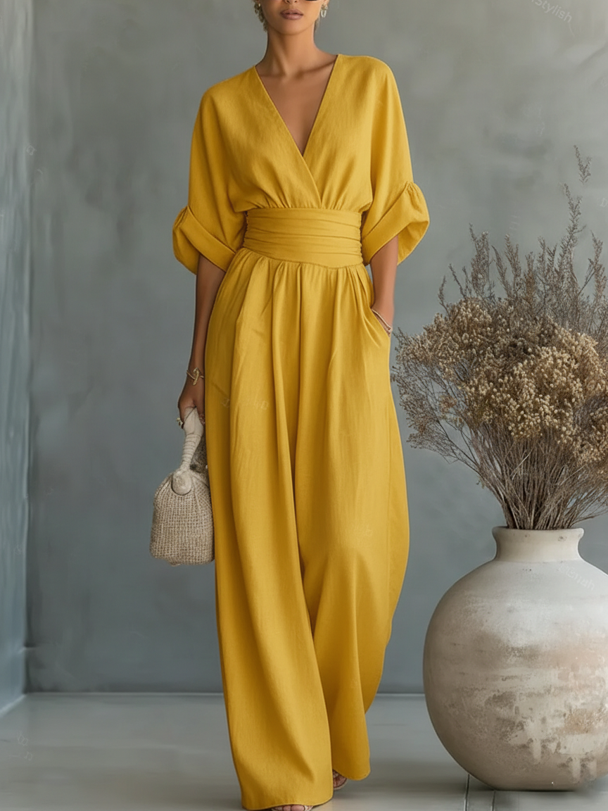 Jumpsuit Elegante de Cuello en V y Cintura Alta