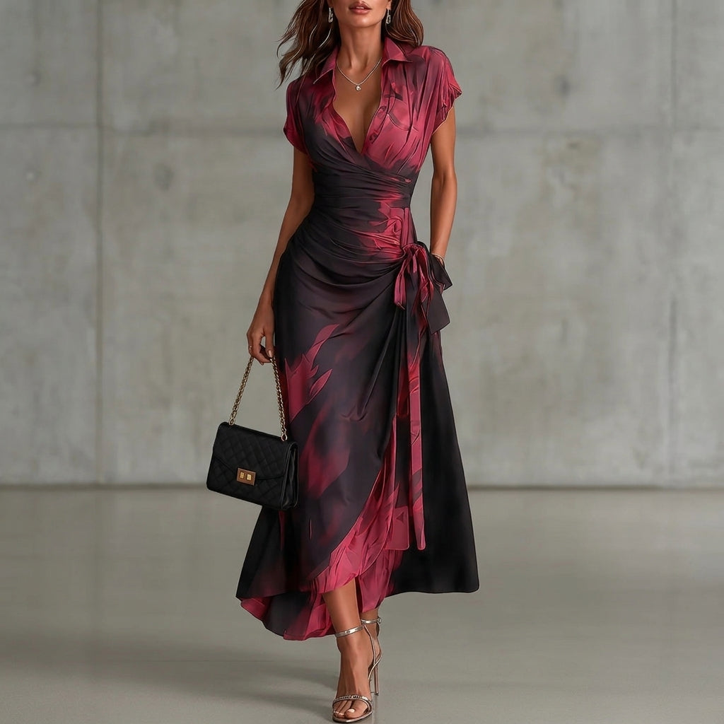Ariadna - Vestido midi cruzado con estampado abstracto rojo y negro.