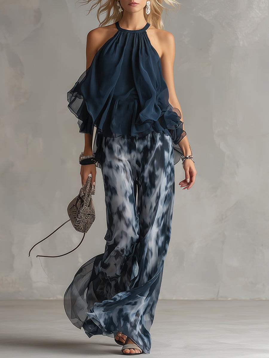 Ludovica – Conjunto elegante de chiffon con top de cuello alto y pantalones anchos impresos