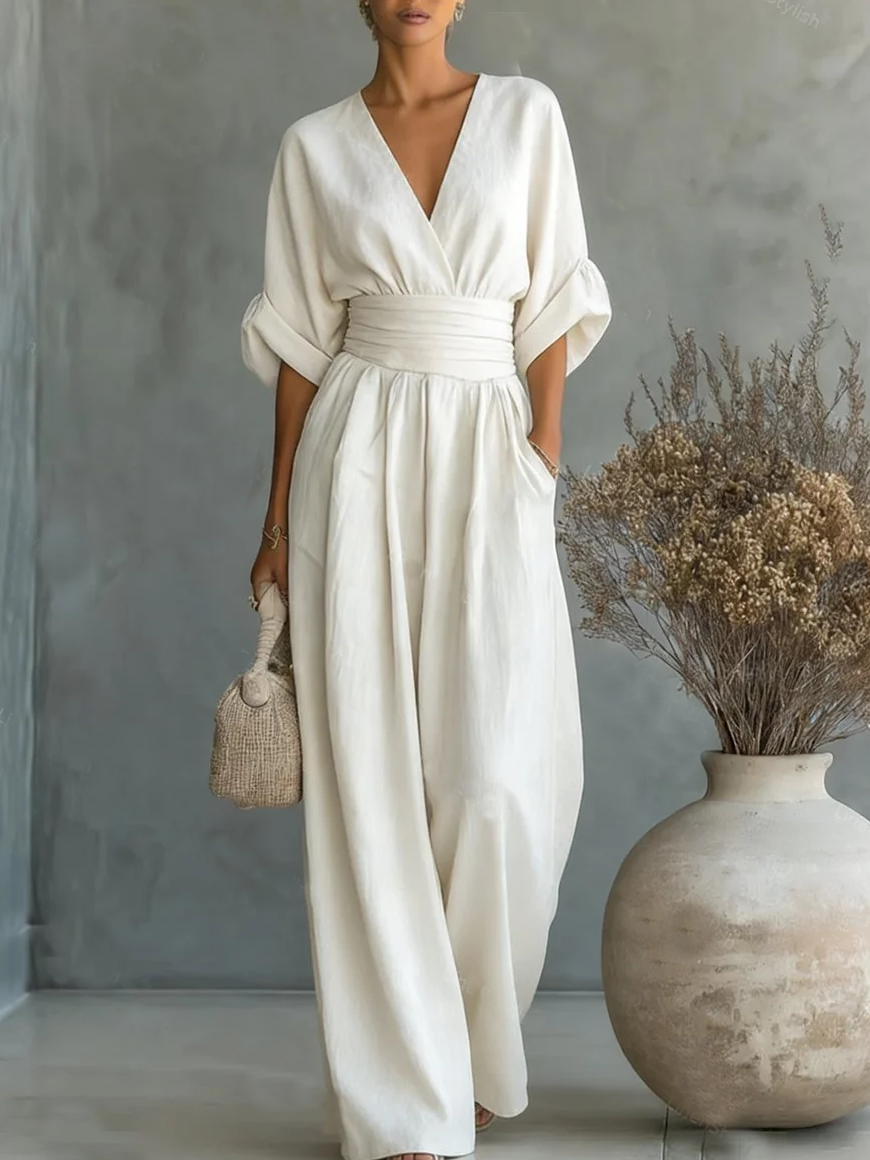 Jumpsuit Elegante de Cuello en V y Cintura Alta