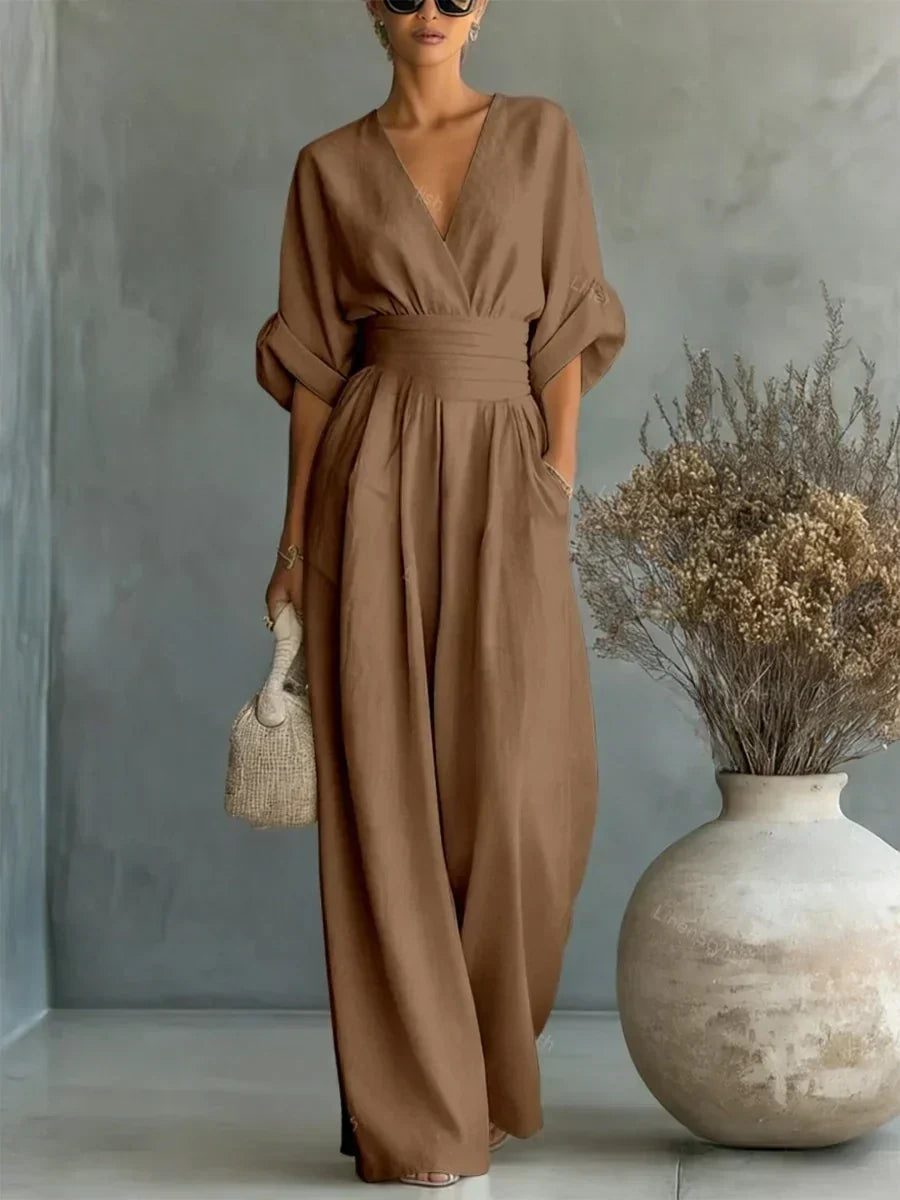 Jumpsuit Elegante de Cuello en V y Cintura Alta