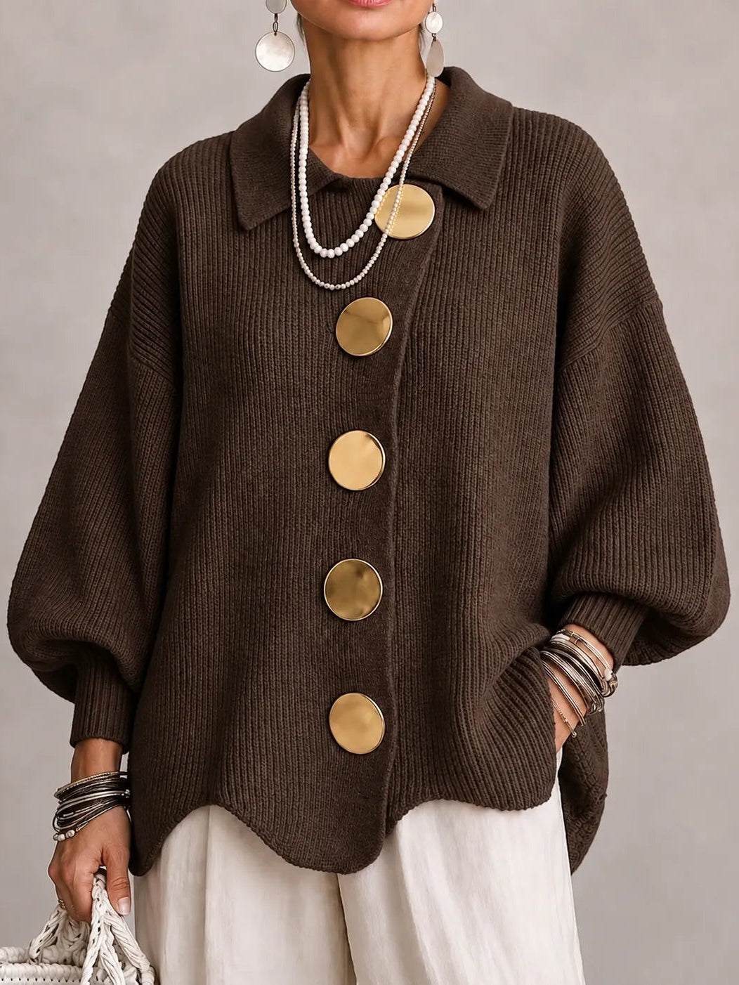 Graziella | Cárdigan Oversize de Pana con Dobladillo Ondulado, Marrón Chocolate
