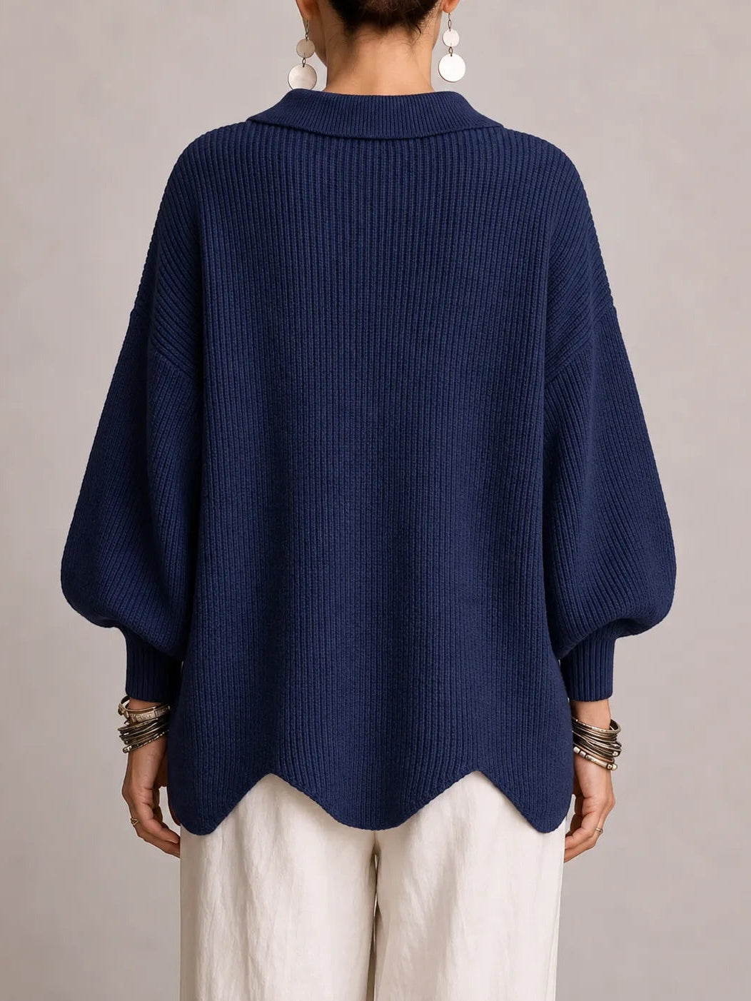 Milena | Cárdigan Oversize de Pana con Orlo Smerlato, Azul Marino