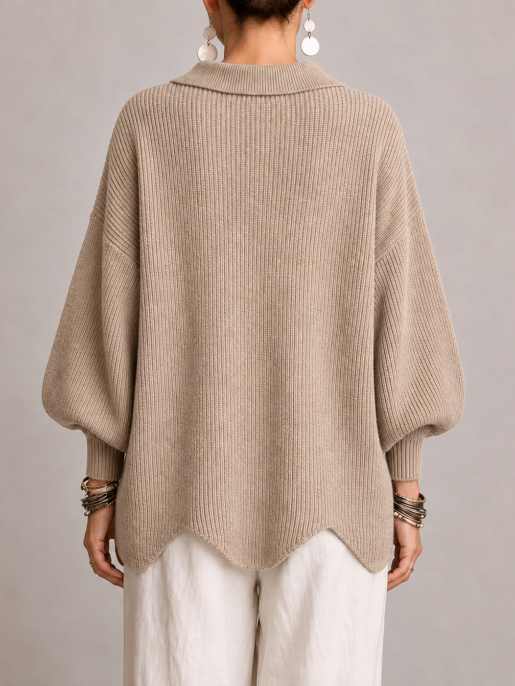 Iolanda | Cardigan Oversize de Puntos con Dobladillo Ondulado, Beige Arena