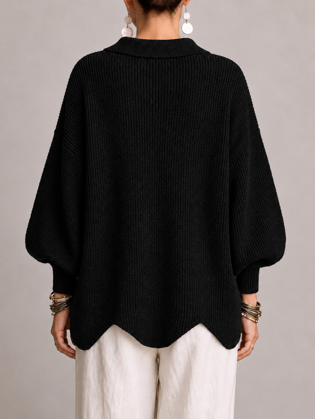 Maddalena | Cardigan Oversize de Canalé con Bajo Festoneado, Negro
