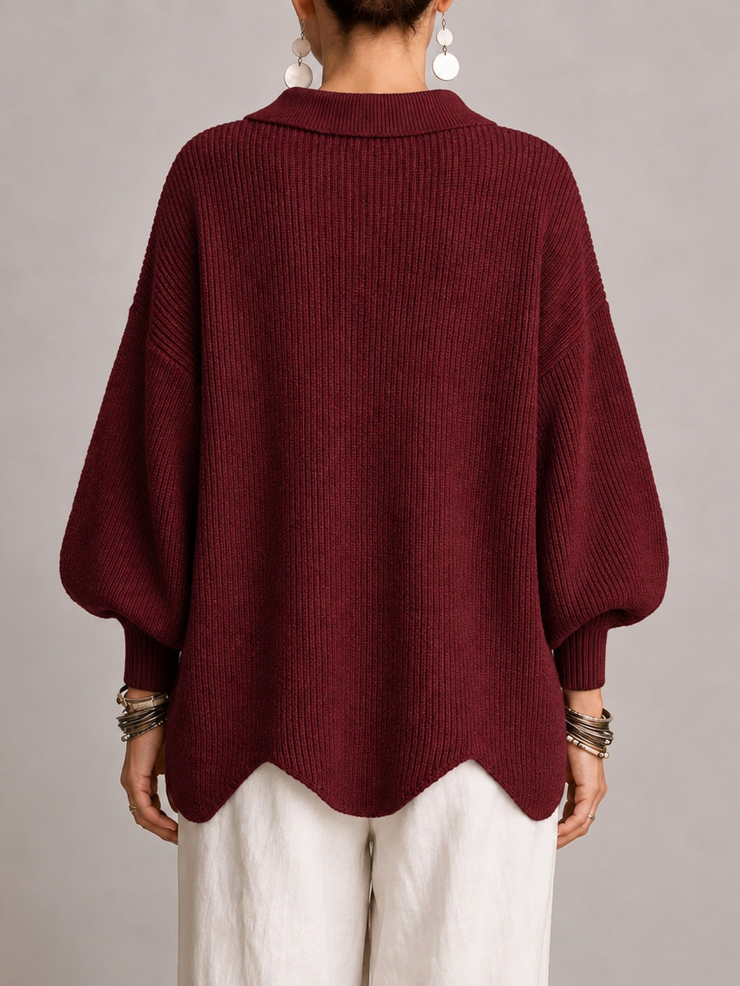 Loredana | Cárdigan Oversize de Canalé con Bajo Festoneado, Burdeos