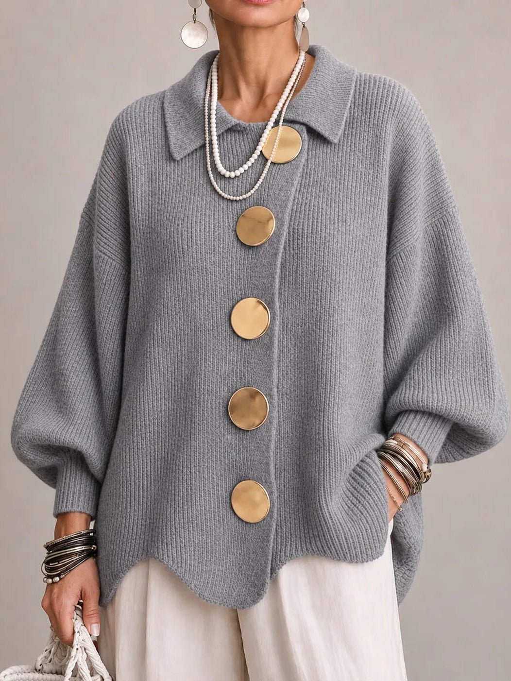 Rosanna | Cárdigan Oversize de Canalé con Bajo Ondulado, Gris