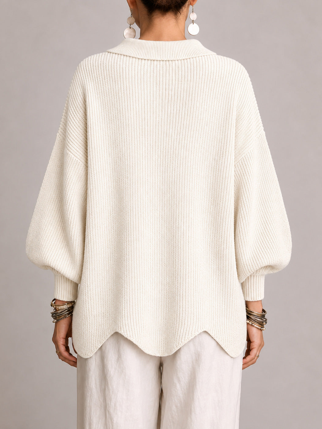 Gemma | Cárdigan Oversize de Canalé con Orillo Festoneado, Marfil