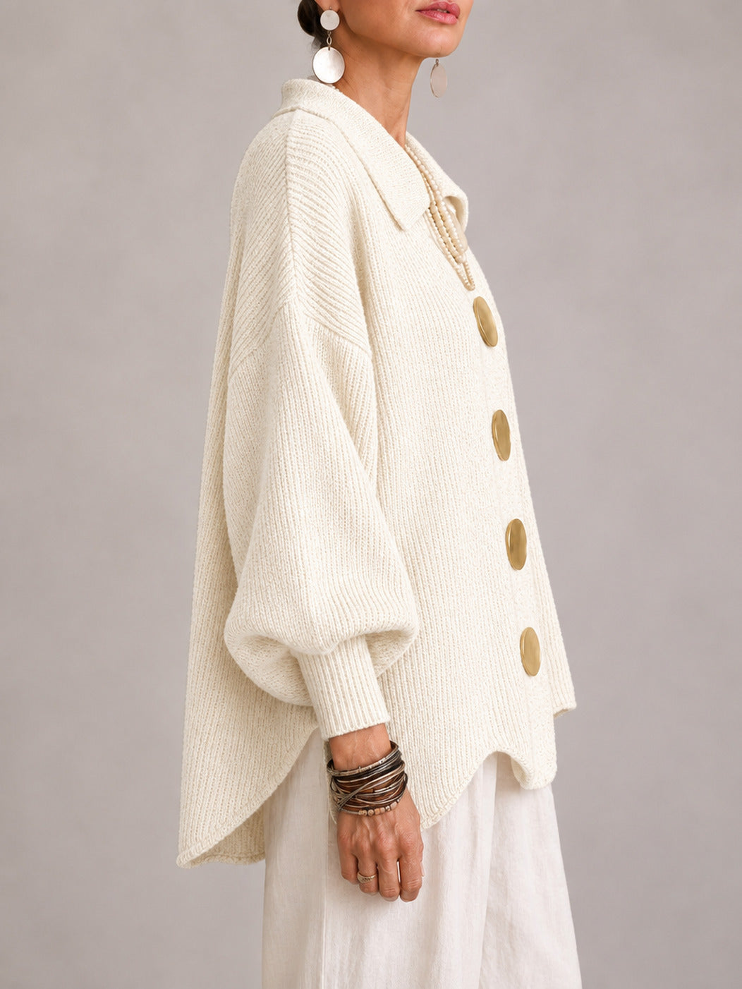 Gemma | Cárdigan Oversize de Canalé con Orillo Festoneado, Marfil