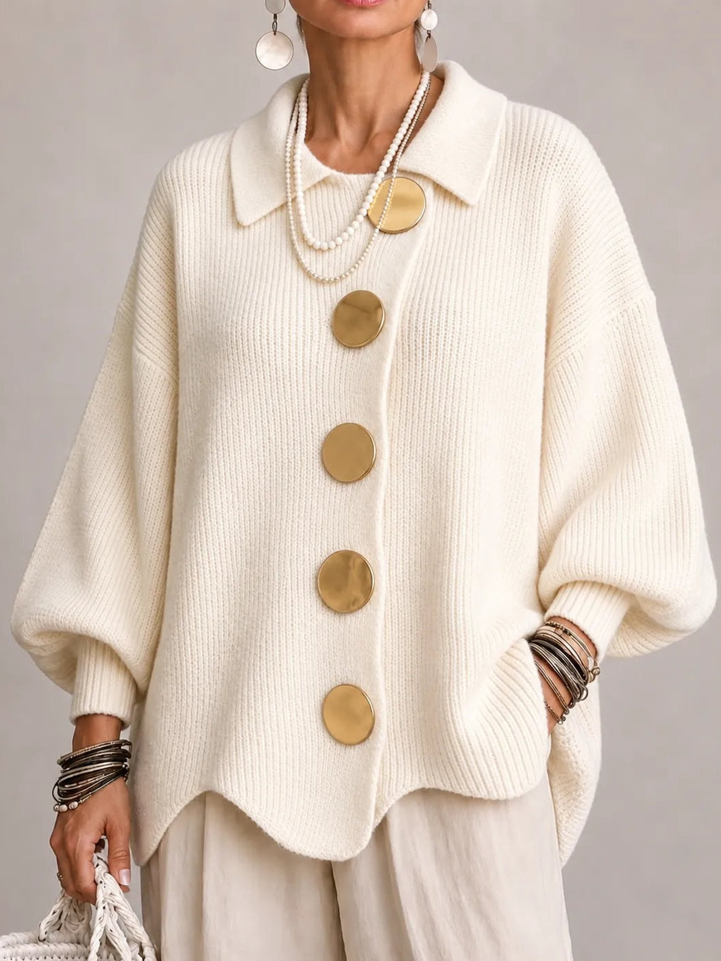 Gemma | Cárdigan Oversize de Canalé con Orillo Festoneado, Marfil