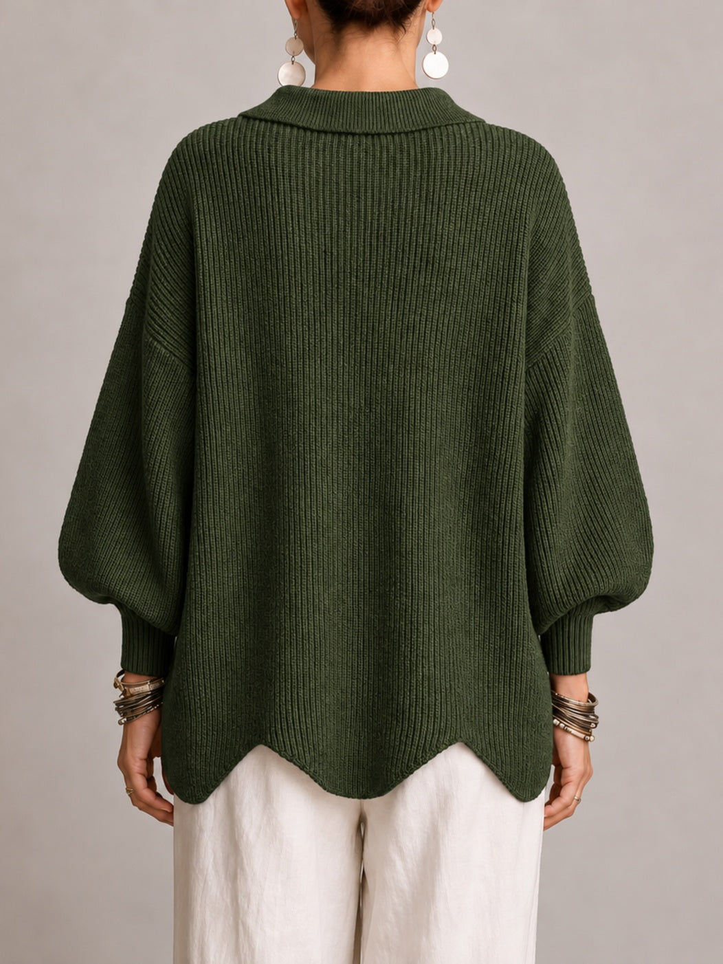 Elvira | Cárdigan Oversize de Punto con Dobladillo Festoneado, Verde Oliva