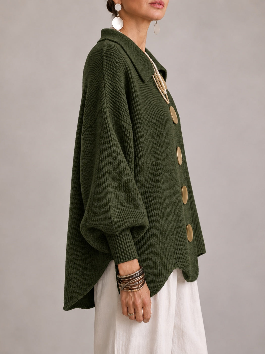 Elvira | Cárdigan Oversize de Punto con Dobladillo Festoneado, Verde Oliva