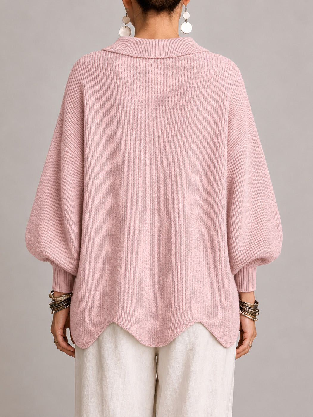 Clelia | Cárdigan Oversize de Pana con Dobladillo Festoneado, Rosa Cipria