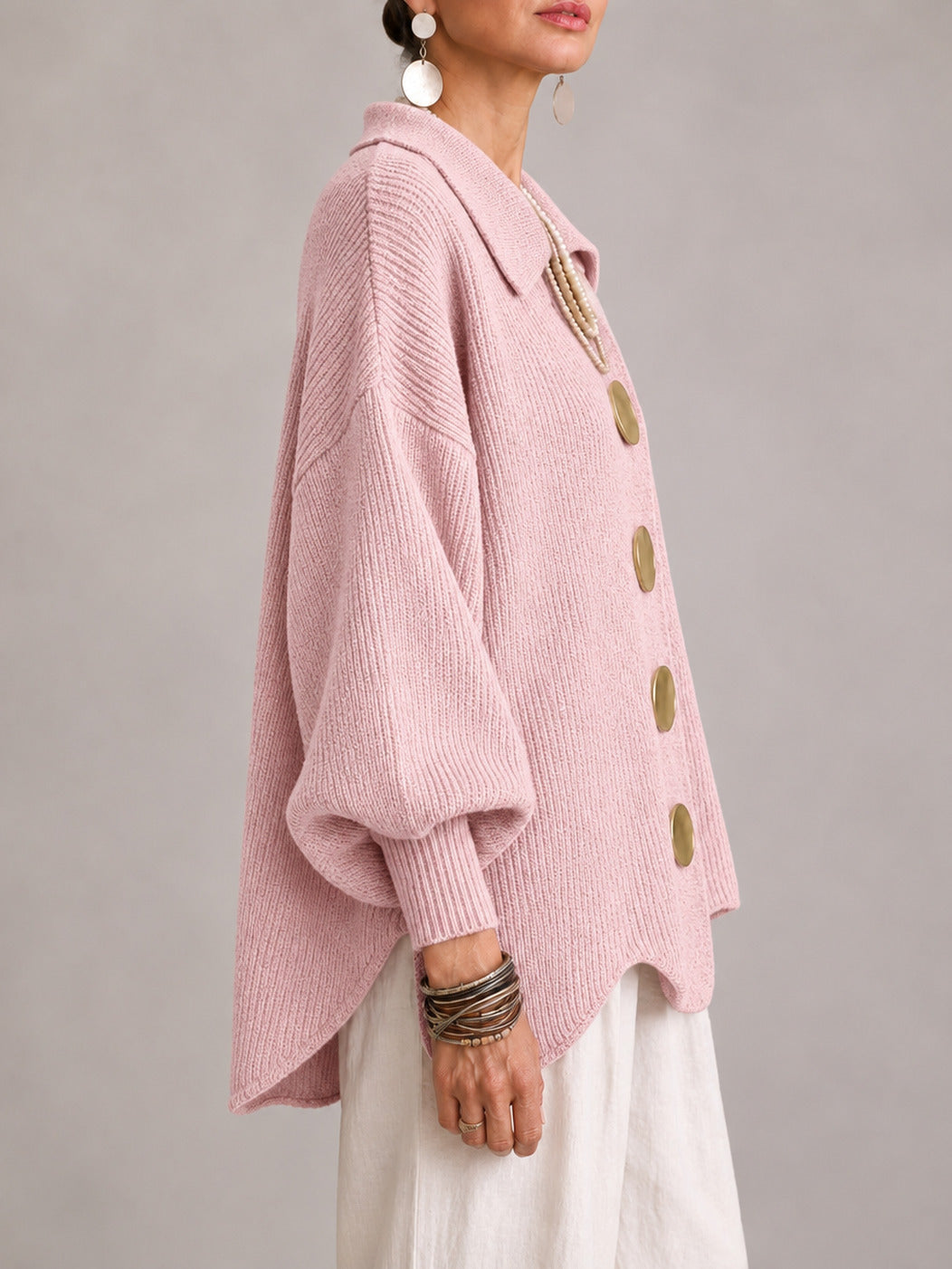 Clelia | Cárdigan Oversize de Pana con Dobladillo Festoneado, Rosa Cipria