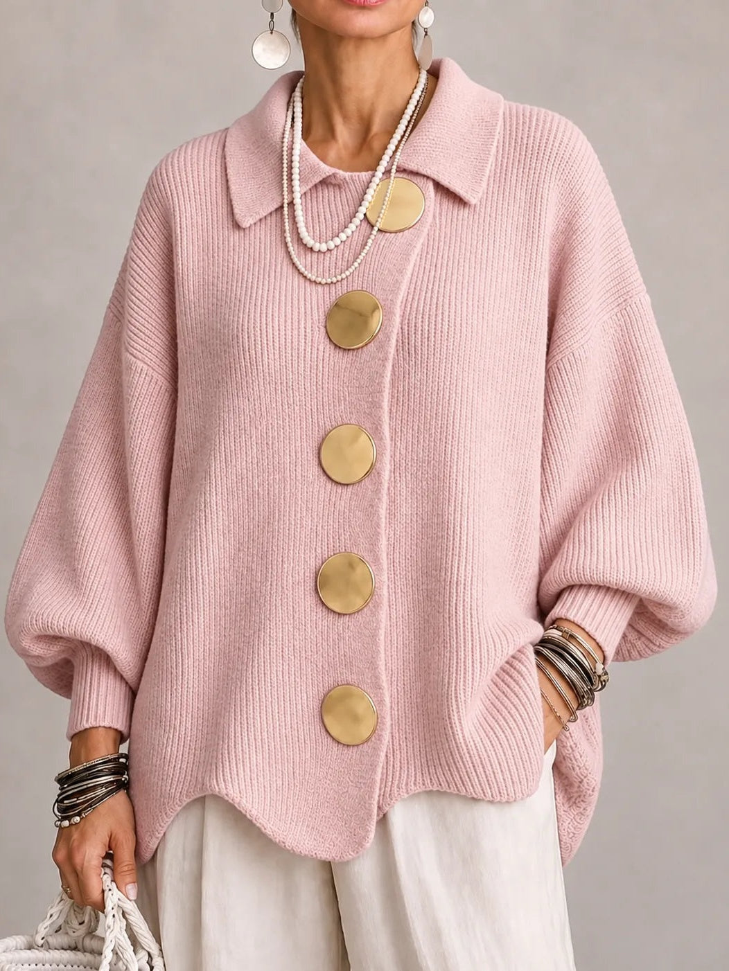 Clelia | Cárdigan Oversize de Pana con Dobladillo Festoneado, Rosa Cipria