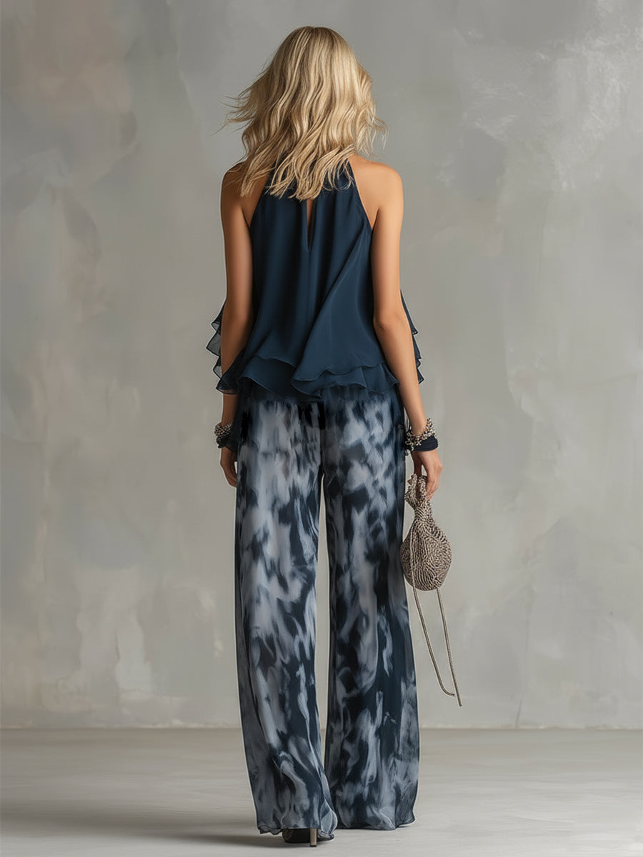 Ludovica – Conjunto elegante de chiffon con top de cuello alto y pantalones anchos impresos