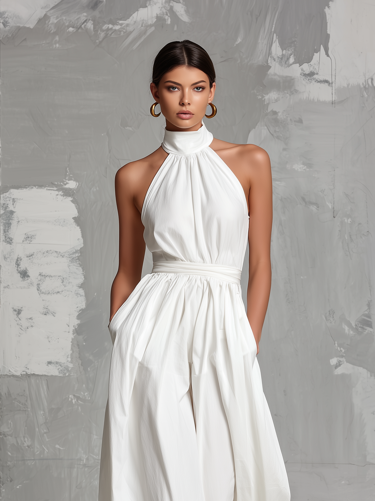 Zoltán | Elegante mono blanco tejido sin mangas con cuello halter