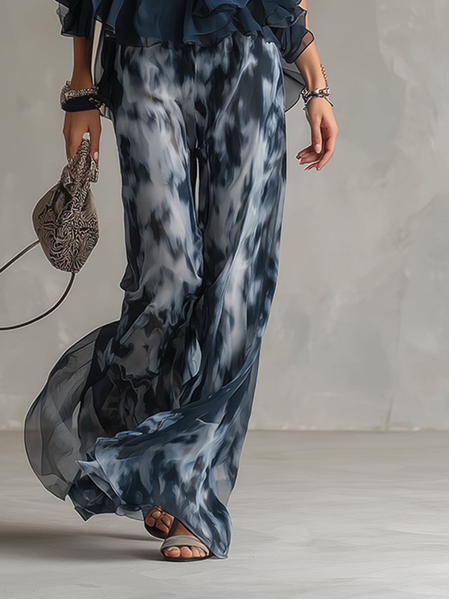 Ludovica – Conjunto elegante de chiffon con top de cuello alto y pantalones anchos impresos