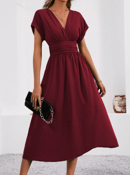 Lucyndra - Vestido midi con escote en V y cintura plisada