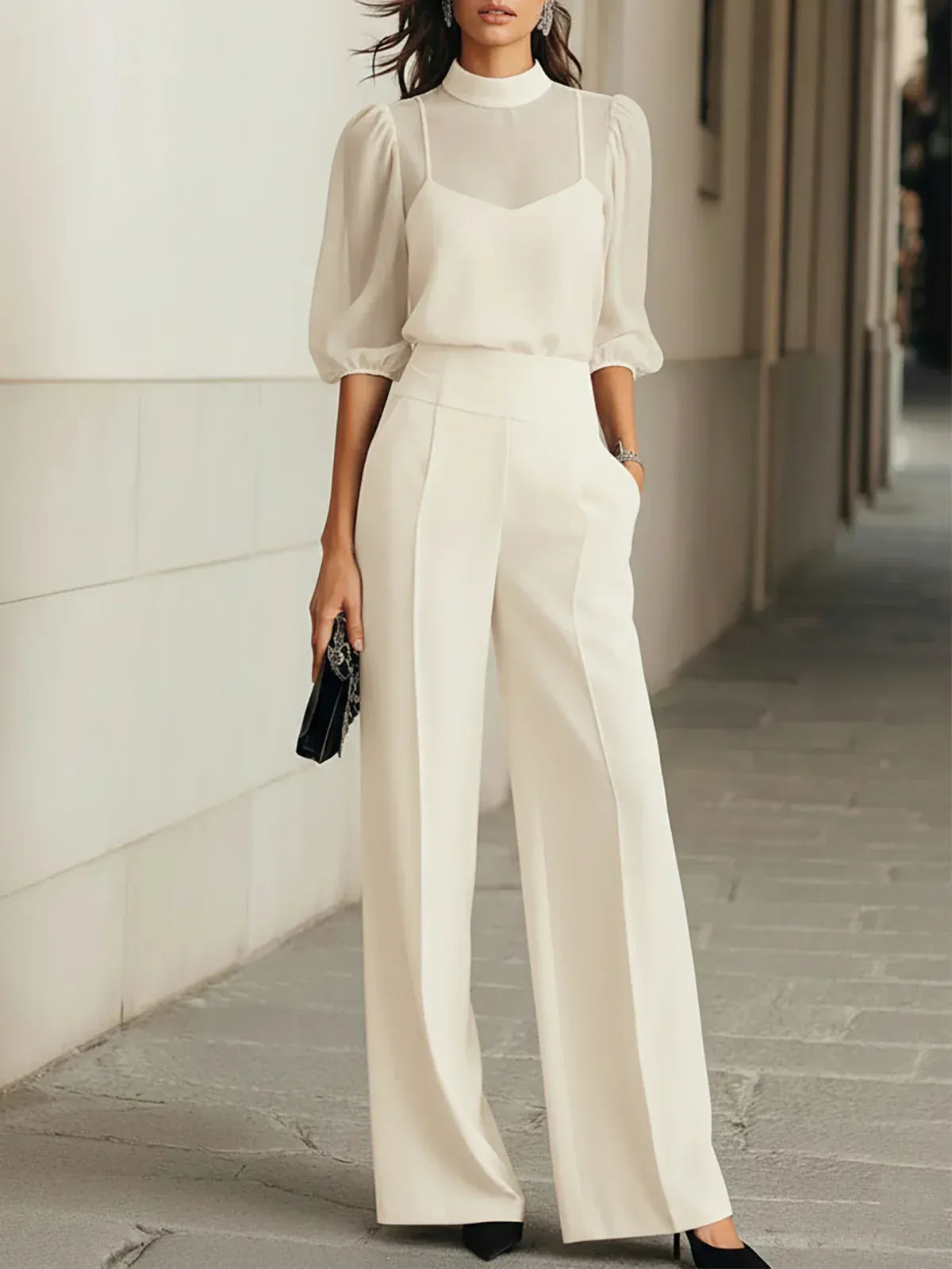Valentina • Conjunto de tres piezas negro con top de camisón transparente y pantalones de pierna ancha