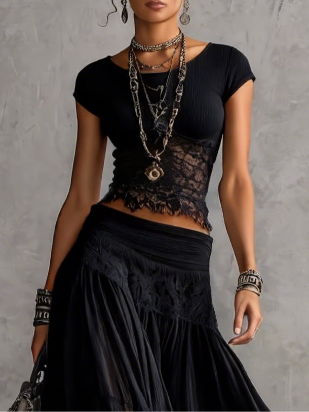 Conjunto Top en Encaje Negro Transparente y Falda Maxi Plisada