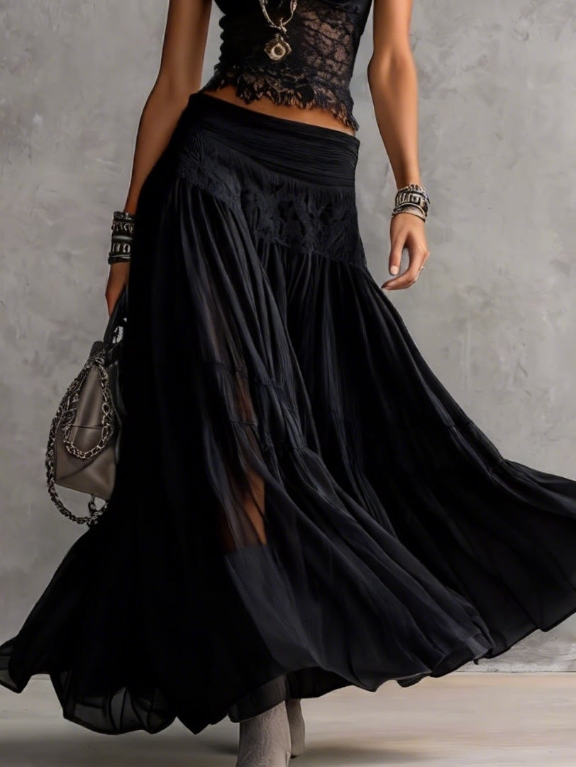 Conjunto Top en Encaje Negro Transparente y Falda Maxi Plisada