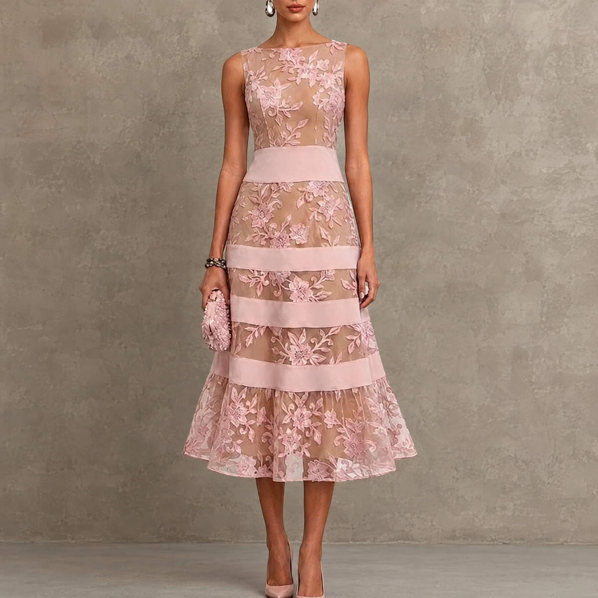 Odette Vestido Midi de Tul Bordado Floral