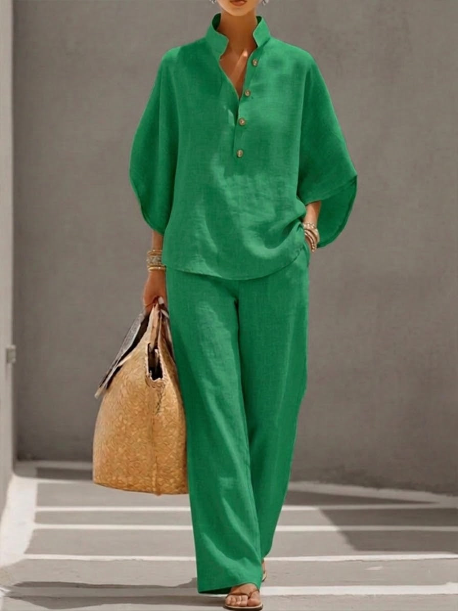 Eszter – Conjunto de algodón-lino con mangas de murciélago y pantalones de pierna ancha
