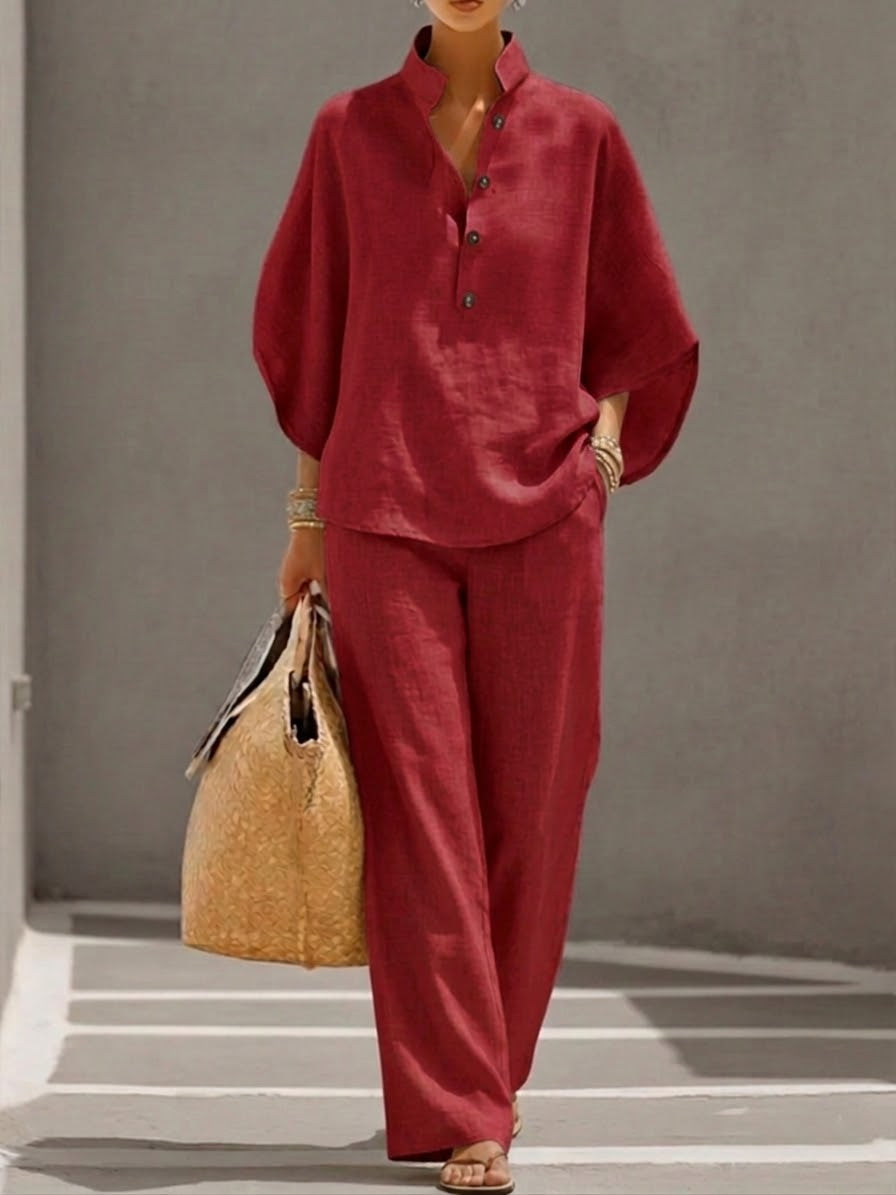 Eszter – Conjunto de algodón-lino con mangas de murciélago y pantalones de pierna ancha