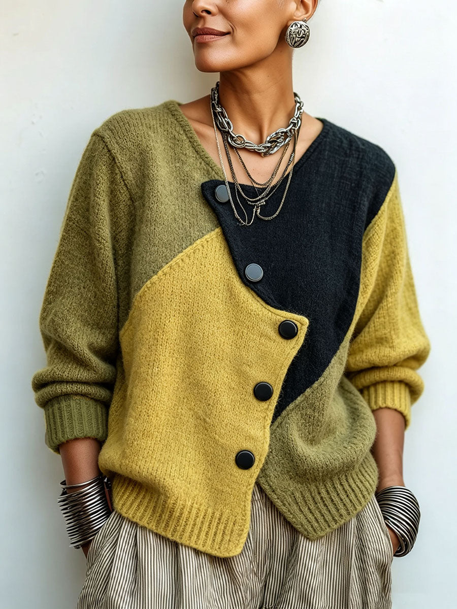 Ottavia | Cárdigan Oversize a Bloques de Color en Punto, Verde Oliva y Mostaza