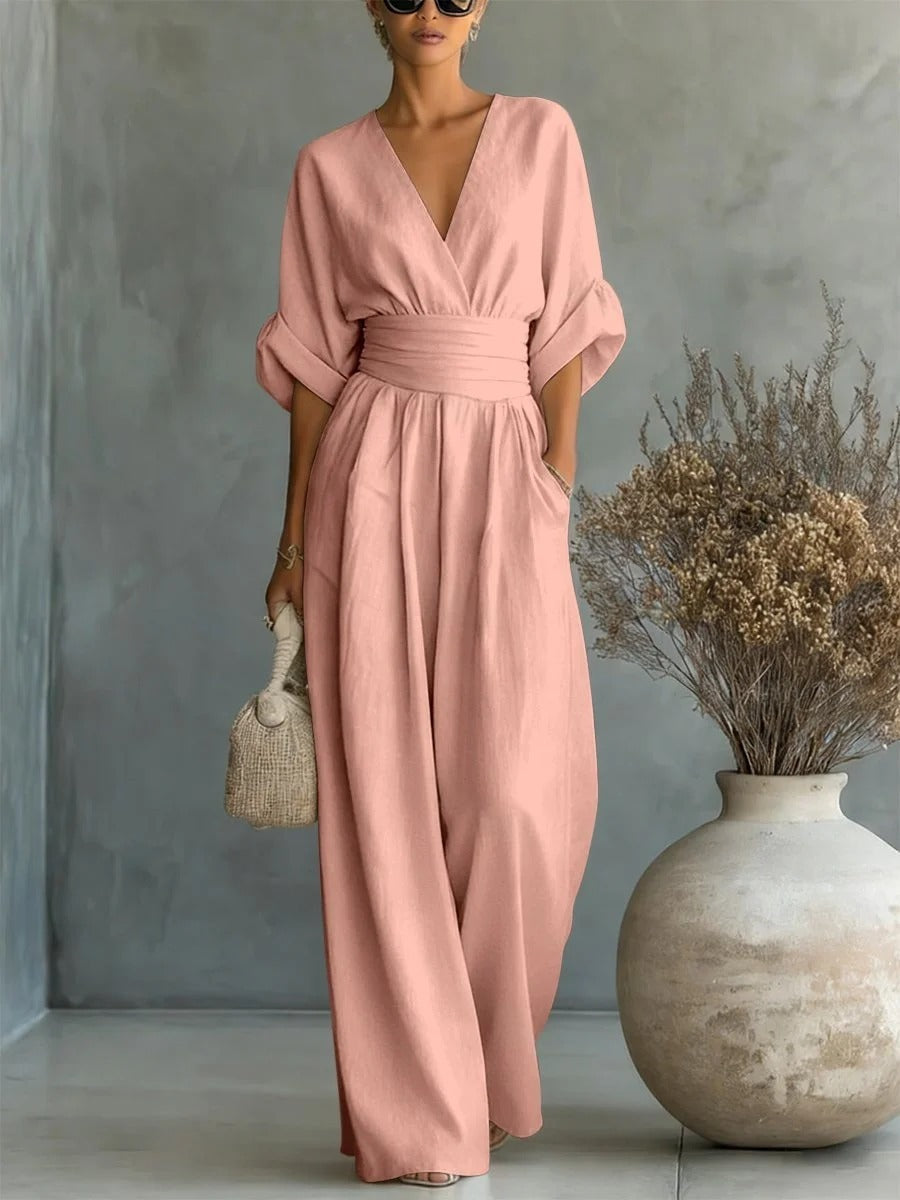 Jumpsuit Elegante de Cuello en V y Cintura Alta