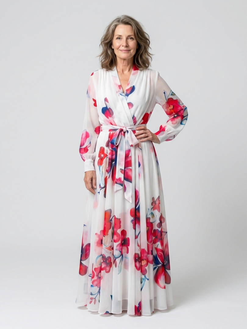 Lillian - Vestido largo cruzado floral de manga larga