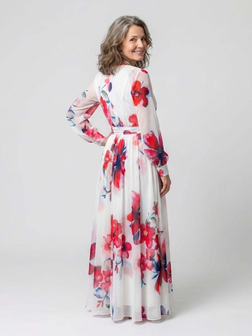 Lillian - Vestido largo cruzado floral de manga larga