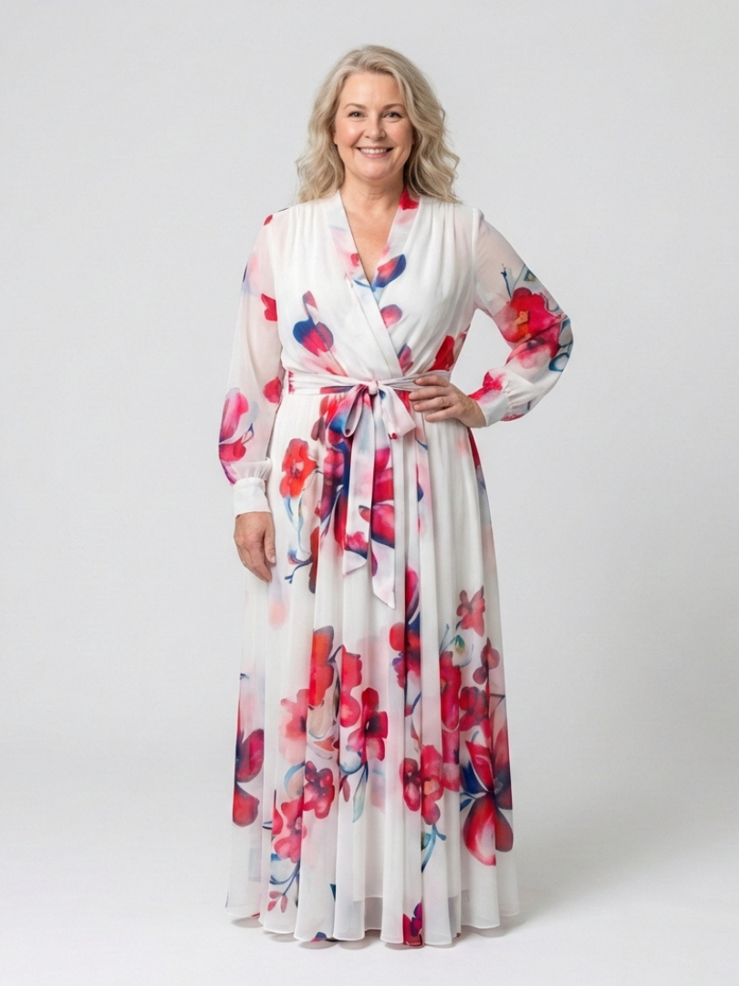 Lillian - Vestido largo cruzado floral de manga larga