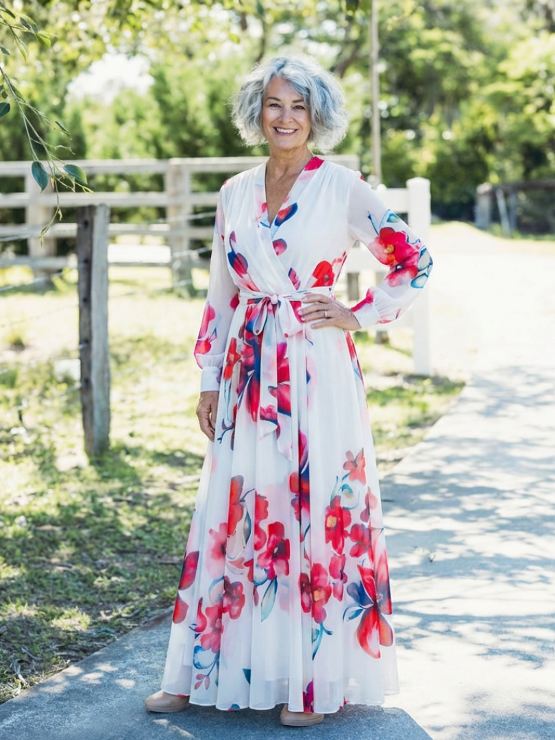 Lillian - Vestido largo cruzado floral de manga larga