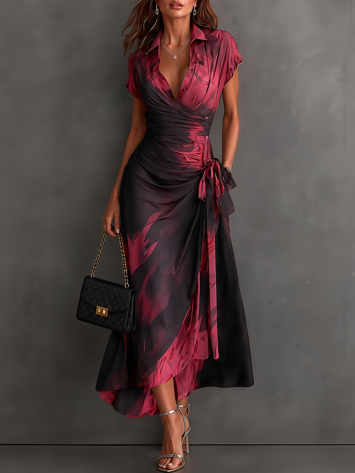 Ariadna - Vestido midi cruzado con estampado abstracto rojo y negro.