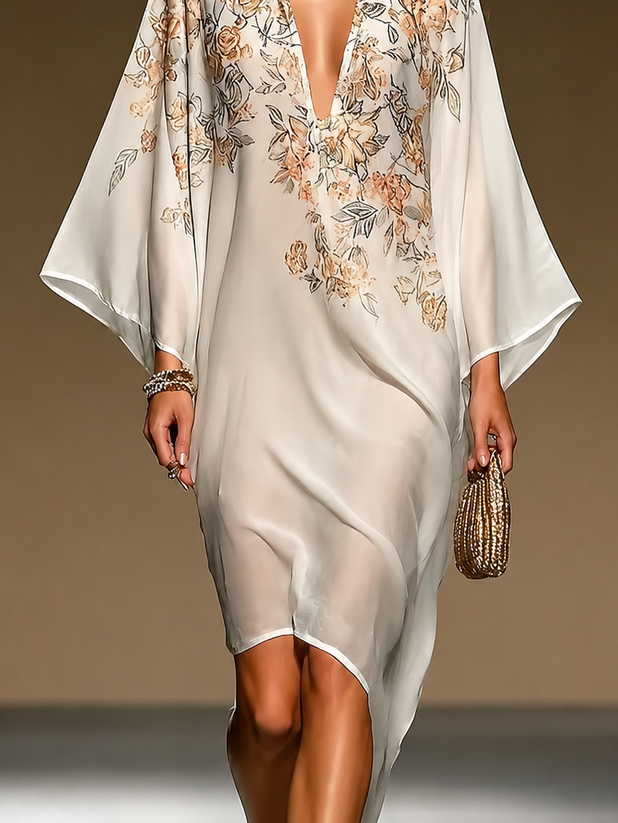 Vestido Caftán de Chiffon Beige con Estampado Floral, Escote en V Profundo, Manga Murciélago, Dobladillo Asimétrico, Vestido Midi Fluido