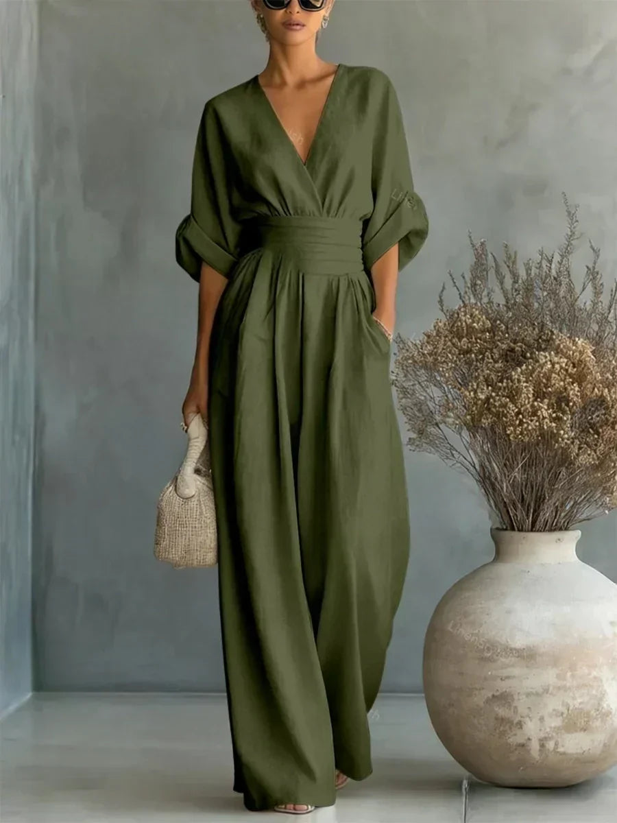 Jumpsuit Elegante de Cuello en V y Cintura Alta