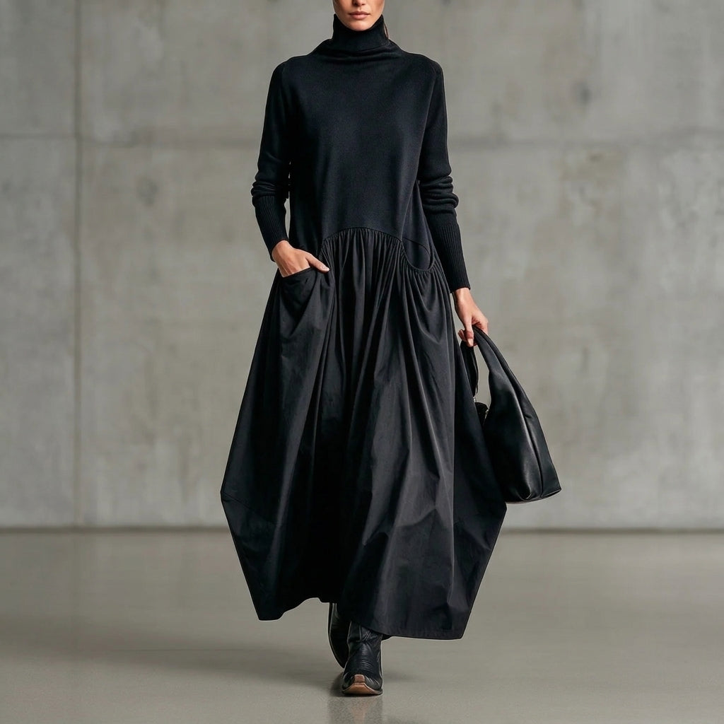 Sara | Vestido Maxi Oversized Negro con Detalle en Bolsillo y Cuello Alto