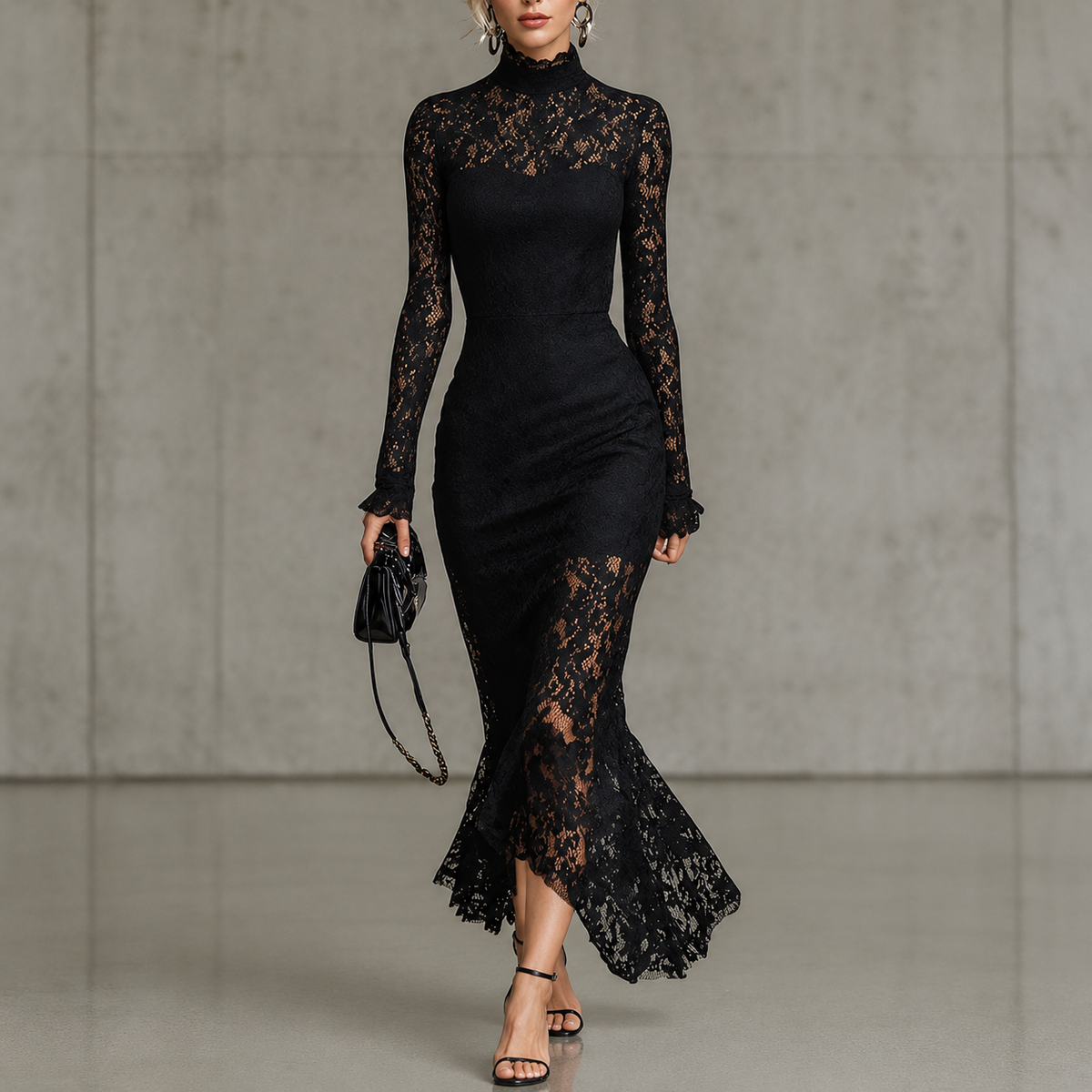 Arabella | Vestido de noche de encaje negro con cuello alto y mangas largas